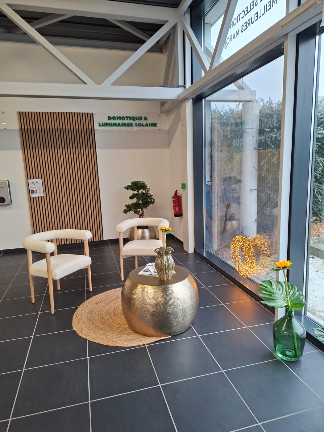 L'espace domotique et luminaires solaires du showroom, avec fauteuils, table basse et éclairage solaire en vitrine.